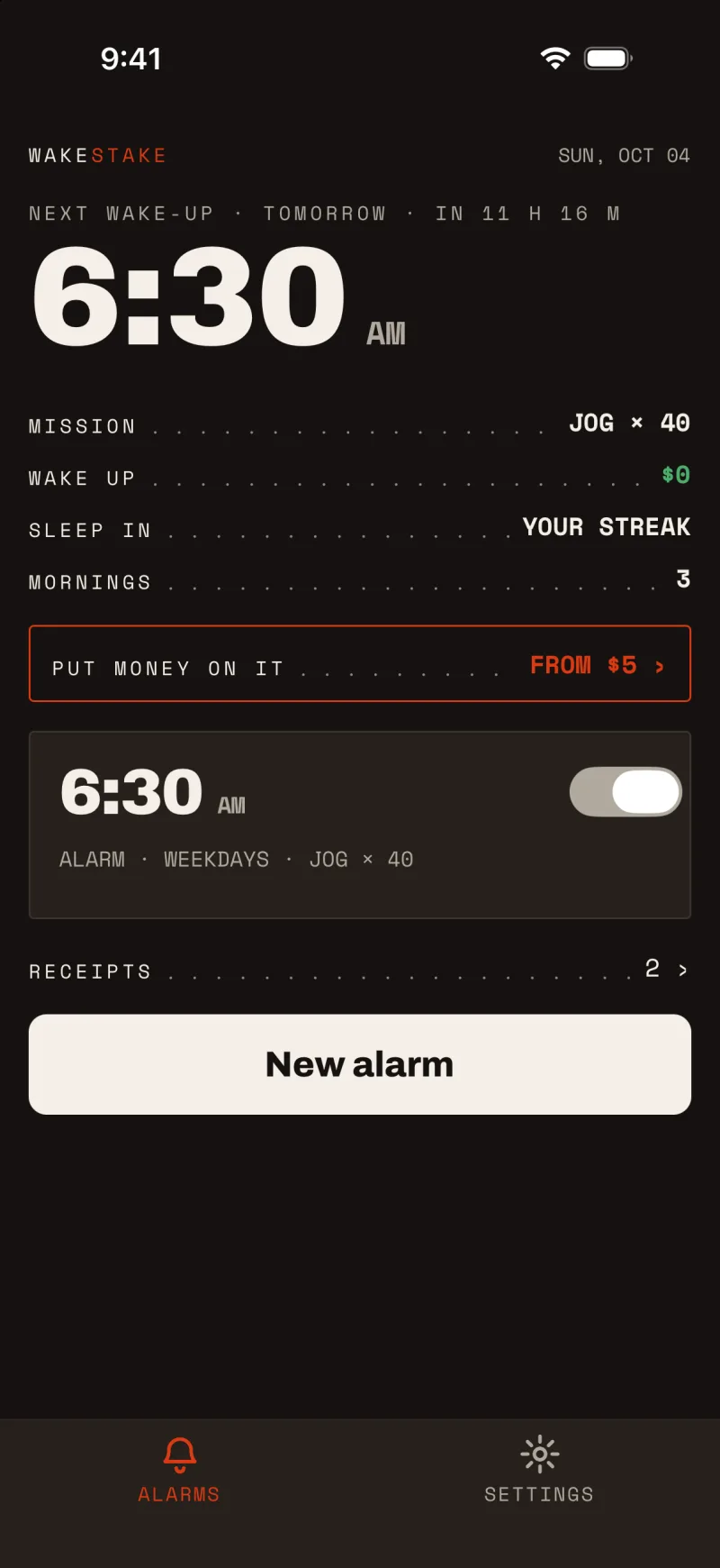 WakeStake home screen: next wake-up 6:30 AM, mission jog times 40, wake up $0, sleep in your streak